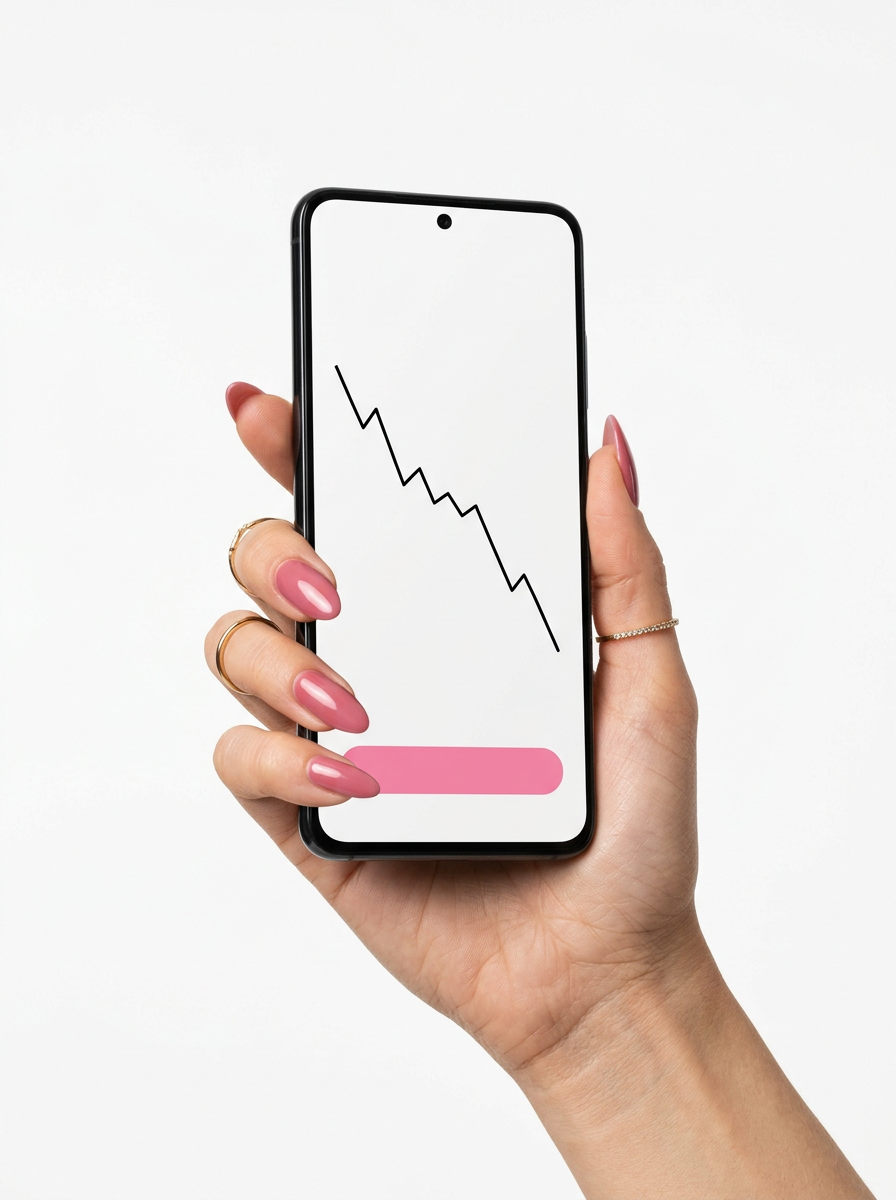 Generated image: a hand holds up a phone whose screen shows a falling price line